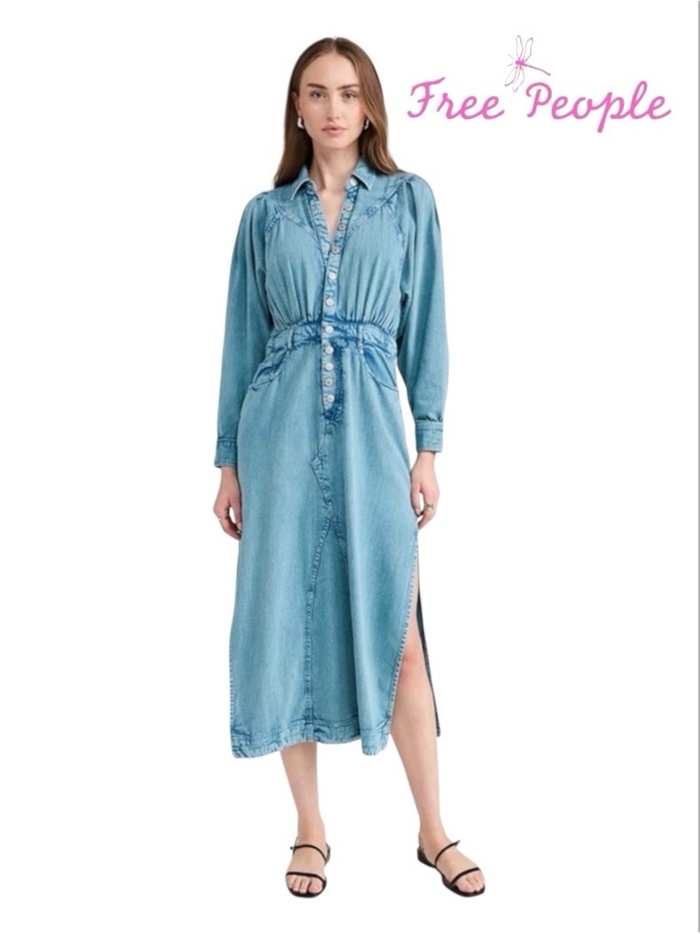 Free People Mad Love Denim Button-Front Midi Dress Size Medium